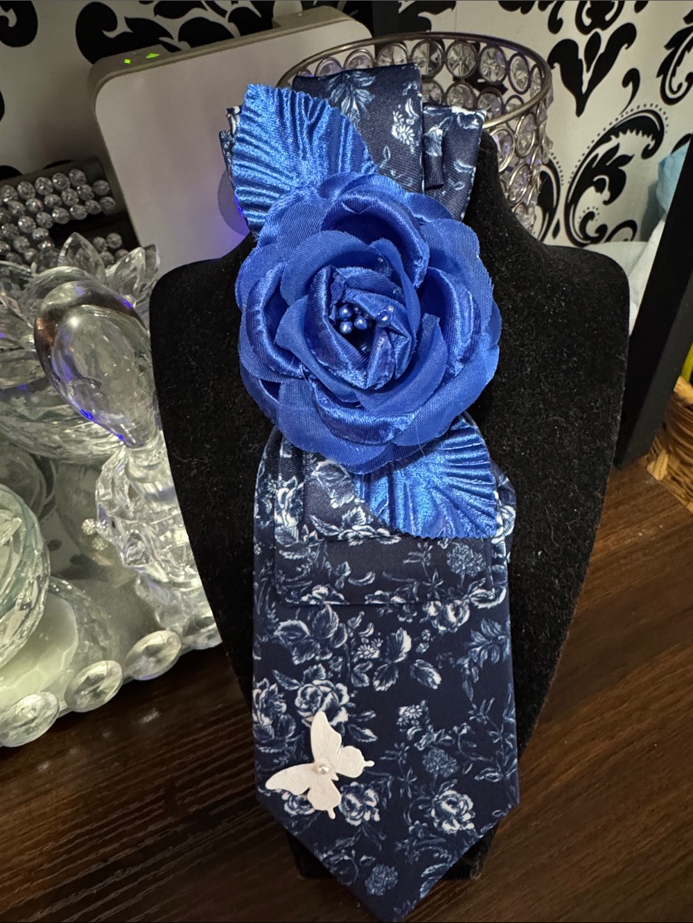 Blue Floral Tie with Decorative Rose Accent - Women Accessories